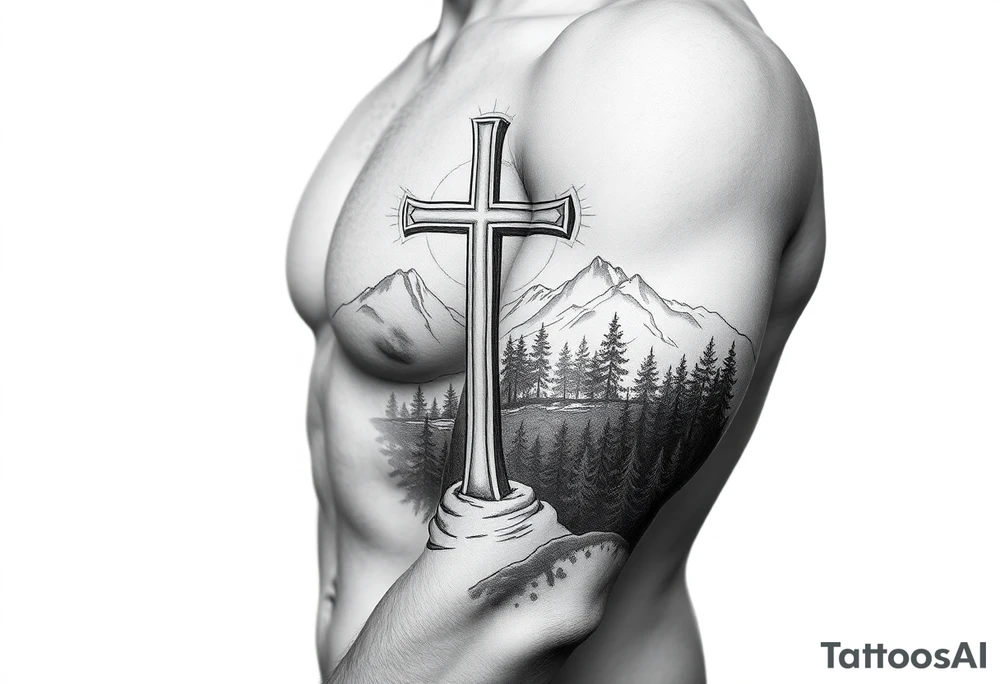 russian orthodox cross in a light forrest mountainous setting tattoo idea