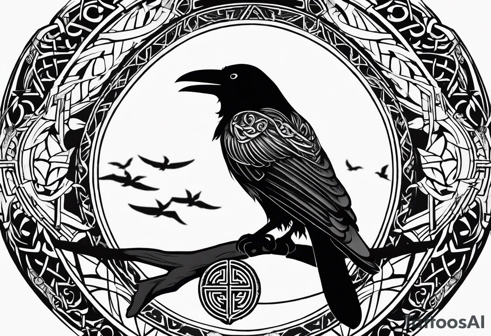 Black and white odins raven in a Norse rune style for placement on the neck with the ravens wings going up the sides of the neck. Norse knots and runes throughout tattoo idea