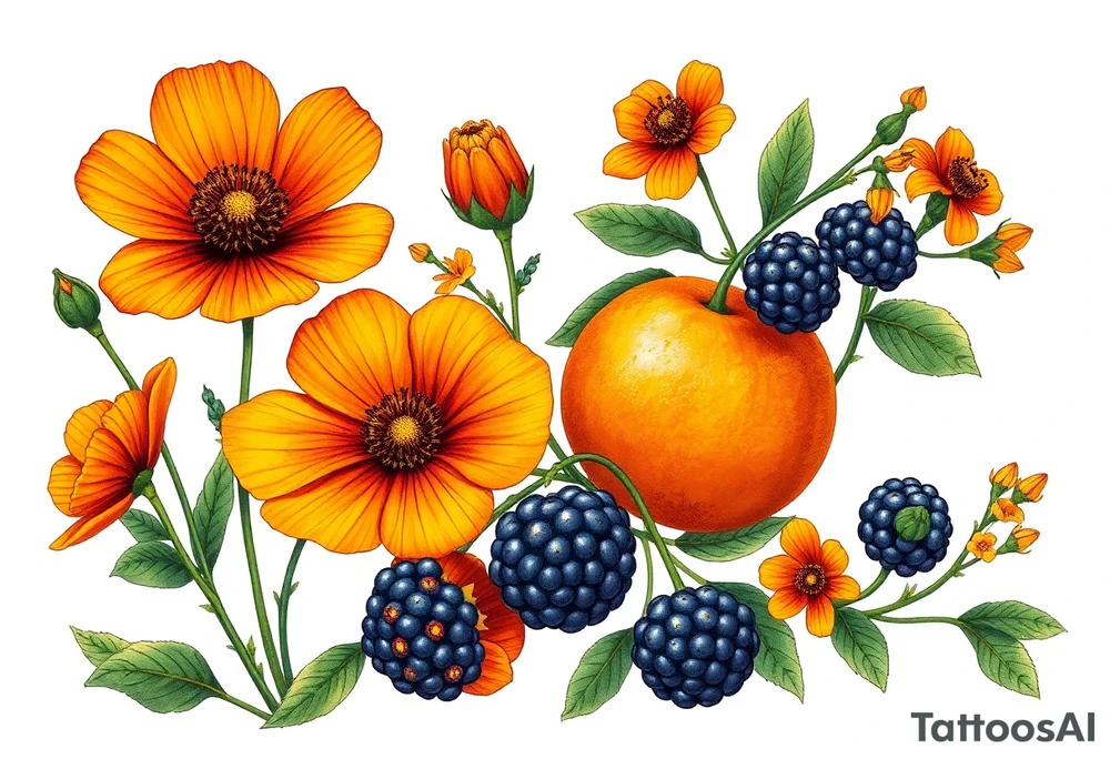 California wildflowers, poppies, and an actual orange fruit and orange blossoms. Blackberries plant/flower. tattoo idea