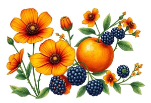 California wildflowers, poppies, and an actual orange fruit and orange blossoms. Blackberries plant/flower. tattoo idea