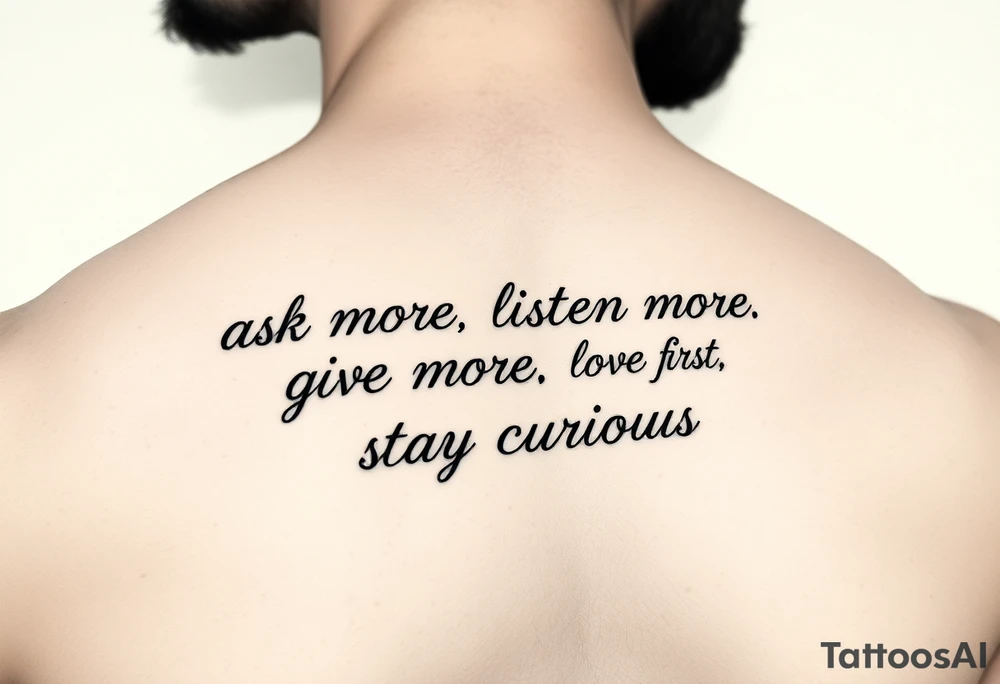 a tattoo on a man's front left clavicle that reads ask more. listen more. give more. love first. stay curious. tattoo idea