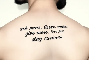 a tattoo on a man's front left clavicle that reads ask more. listen more. give more. love first. stay curious. tattoo idea