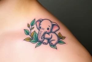 A baby elephant holding its parent’s trunk, surrounded by soft green leaves and warm earth tones, symbolizing guidance and protection tattoo idea