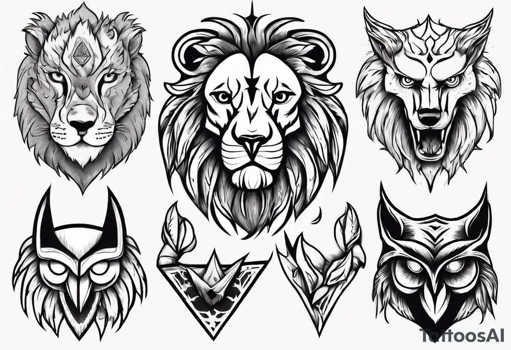 A lion, an owl, a wolf tattoo idea