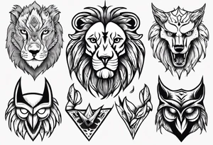 A lion, an owl, a wolf tattoo idea