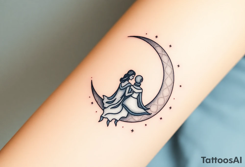 A crescent moon with a couple sitting together, wrapped in a starry sky. The moon is softly glowing with shades of silver and pale gold, with intricate dotwork creating a shimmering effect. Surrounding the moon, tiny stars twinkle in varying shades of soft blue, white, and silver, adding depth and magic to the design. The couple is outlined in minimalistic line work, with gentle shading to create a serene and intimate atmosphere. tattoo idea