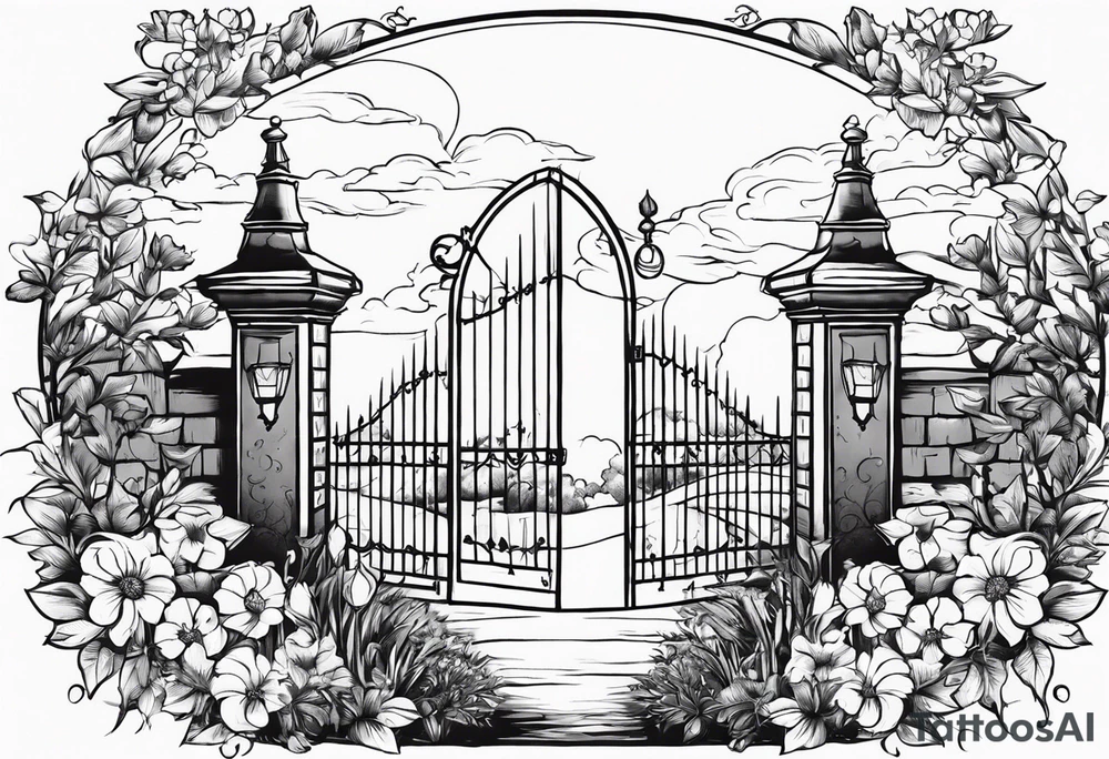 night medieval town garden gate entrance 
 in circle vignette surrounded by clouds floral tattoo idea