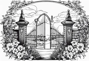 night medieval town garden gate entrance 
 in circle vignette surrounded by clouds floral tattoo idea