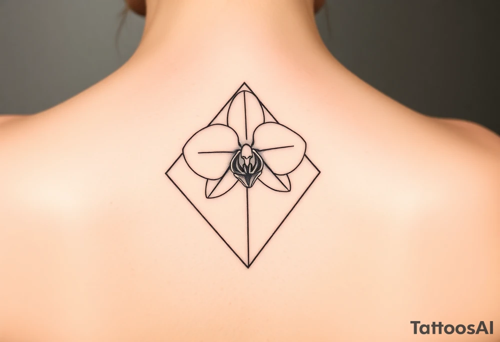 A single orchid flower drawn in fine-line style, with elegant curves and a subtle geometric frame tattoo idea