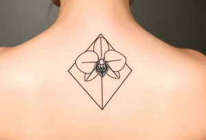 A single orchid flower drawn in fine-line style, with elegant curves and a subtle geometric frame tattoo idea