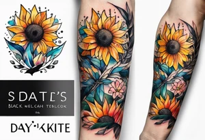 Small Watercolor inside arm tattoo, 4 inches. Black kite (Daya's name), nature (trees/flowers), rock/metal vibe (bold lines), sunflower. Bright colors! tattoo idea