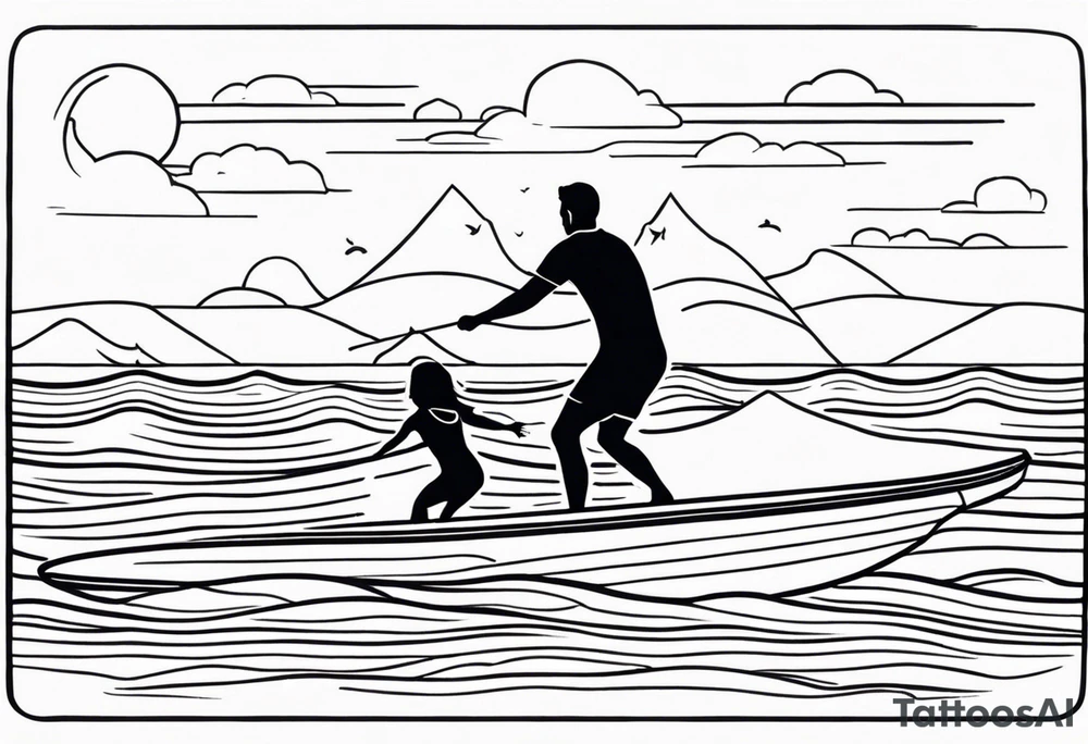 Black and white Line work tattoo depicting a father surfing in the sunset, and sharing his surfboard with his two daughters.  One daughter is on his shoulders and the other is holding his hand. tattoo idea