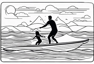 Black and white Line work tattoo depicting a father surfing in the sunset, and sharing his surfboard with his two daughters.  One daughter is on his shoulders and the other is holding his hand. tattoo idea