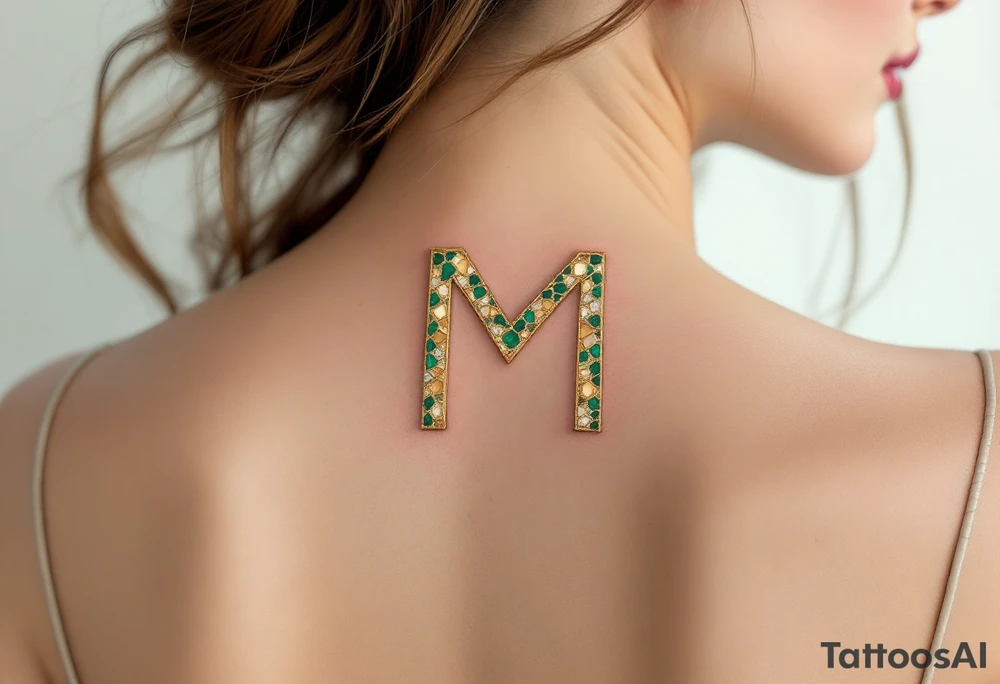 A mosaic-style "M" made of gold and emerald tiles, creating a royal effect. tattoo idea