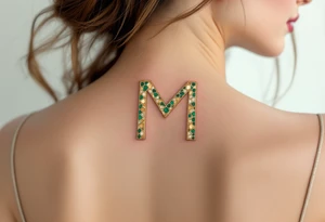 A mosaic-style "M" made of gold and emerald tiles, creating a royal effect. tattoo idea