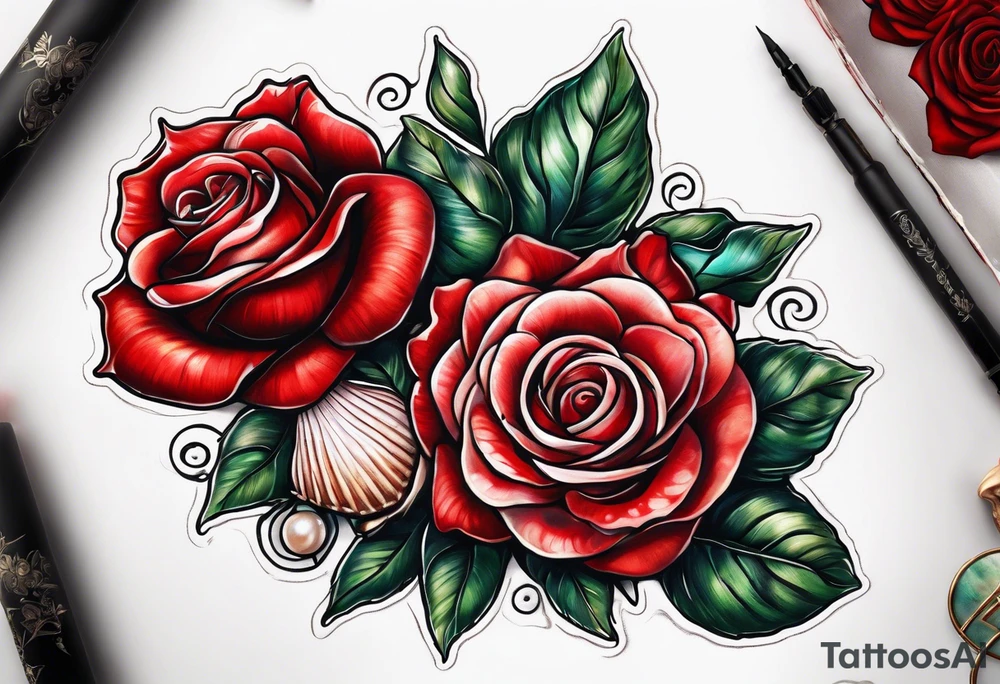 Red rose with seashell and pearls tattoo idea