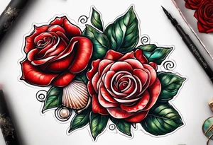 Red rose with seashell and pearls tattoo idea