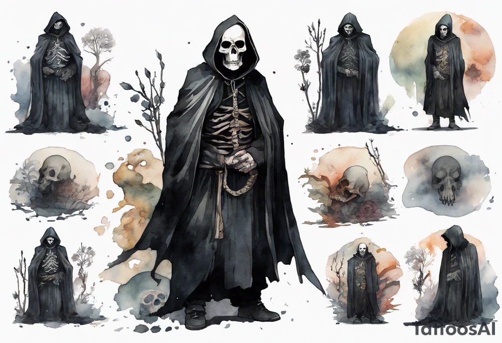 a thin medieval man in a black cloak wearing a skull mask, standing alone in a gloomy place tattoo idea