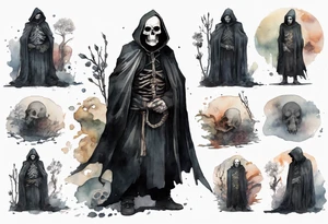 a thin medieval man in a black cloak wearing a skull mask, standing alone in a gloomy place tattoo idea
