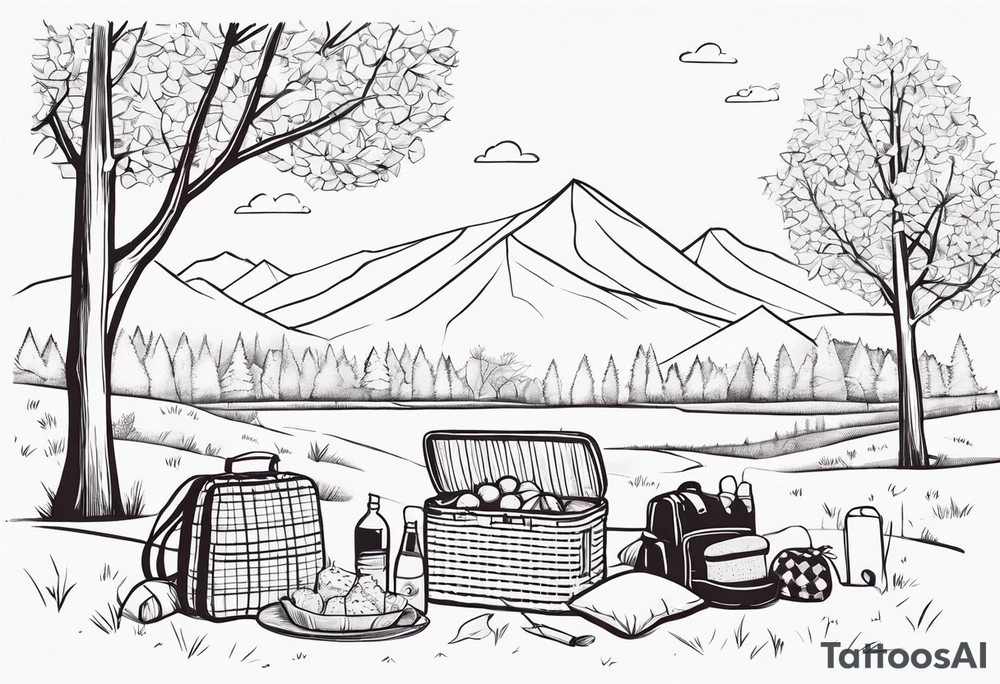 minimalstic picnic scene in nature with  with one picnic-basket, one backpack, pillows and party pennants in the trees. Thin lines. tattoo idea
