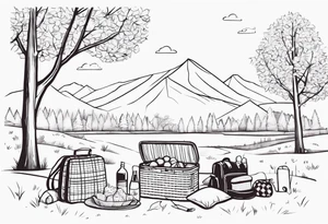 minimalstic picnic scene in nature with  with one picnic-basket, one backpack, pillows and party pennants in the trees. Thin lines. tattoo idea