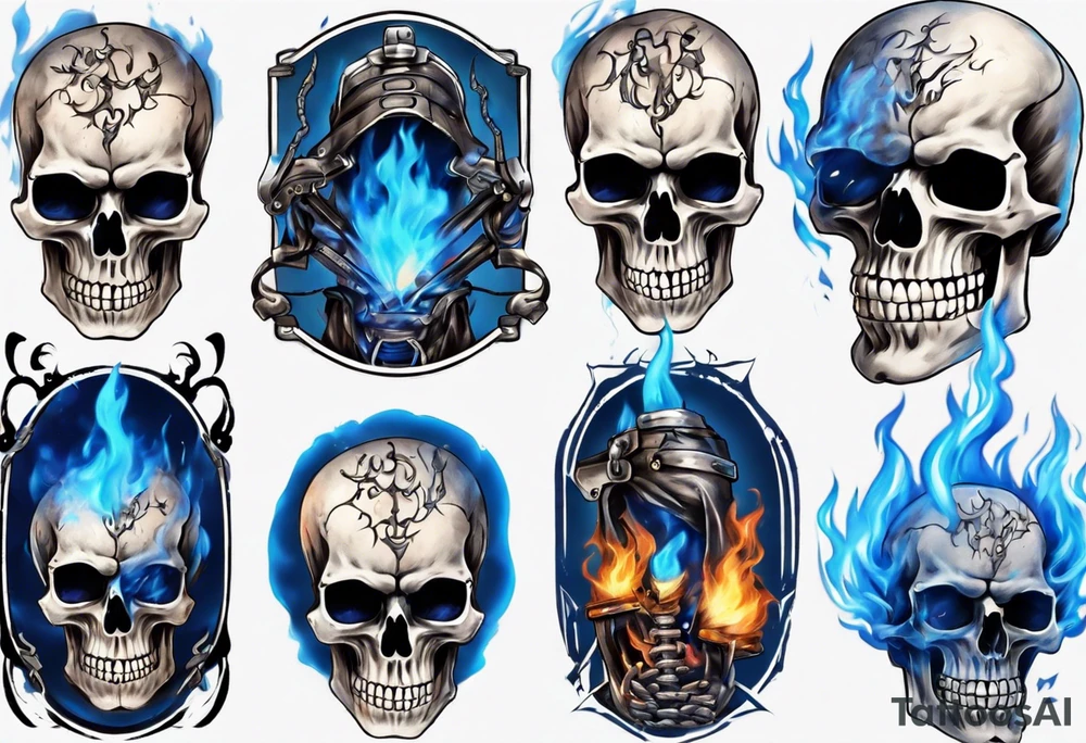 A skeleton welding with blue fire behind tattoo idea
