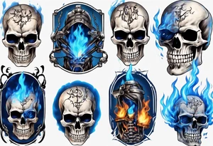 A skeleton welding with blue fire behind tattoo idea