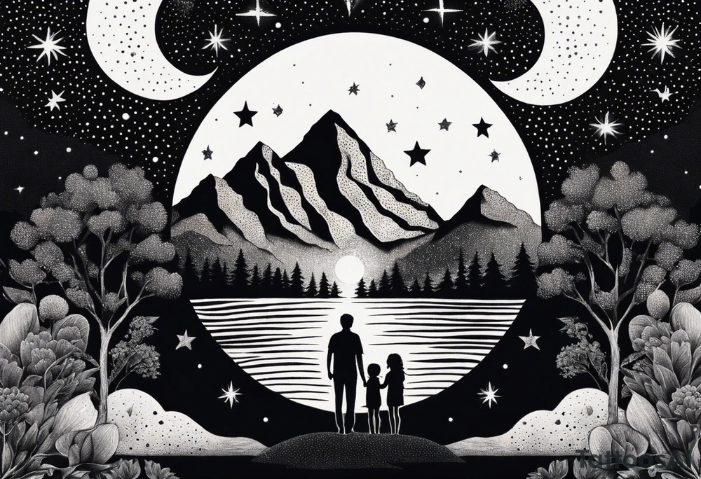 nature with mountains, waterfall, water, and a family of three in the background and and moon/sun in the sky with stars tattoo idea