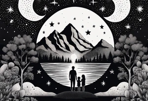 nature with mountains, waterfall, water, and a family of three in the background and and moon/sun in the sky with stars tattoo idea