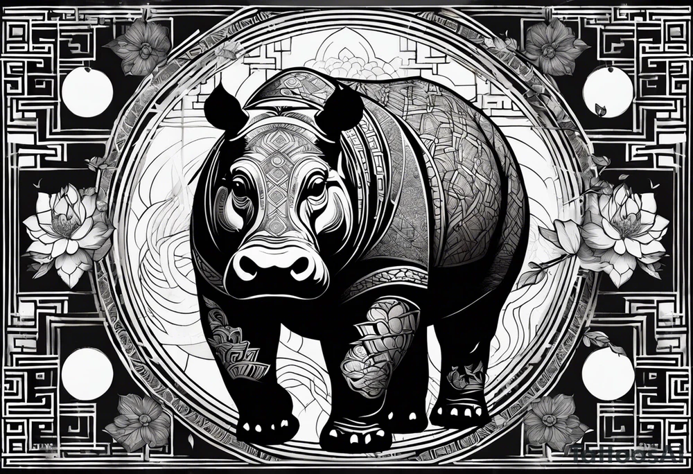 Very asymmetrical, +geometric pattern, with realistic full moon, with serious looking hippo, +zen feel, + Buddhism touch, +tribal, +geometric, +chinese inkart 
with wintersweet flower bud, +portrait orientation, +inkart touch, tattoo idea