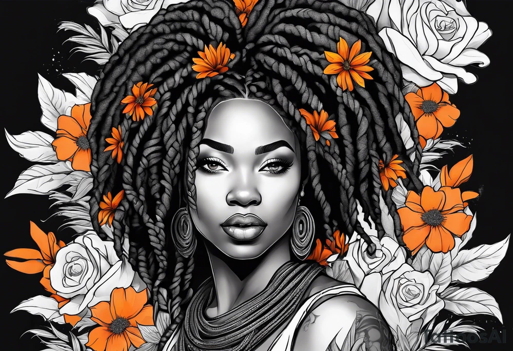 Black woman with locs and orange flowers tattoo idea