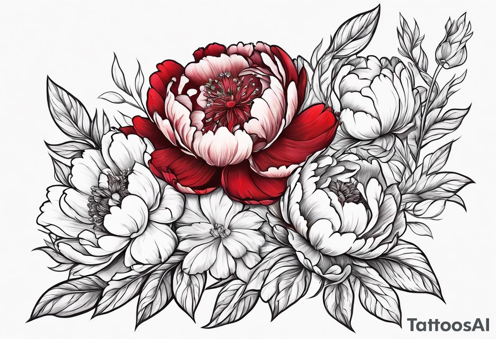 Red peony with small rabbit on petal tattoo idea