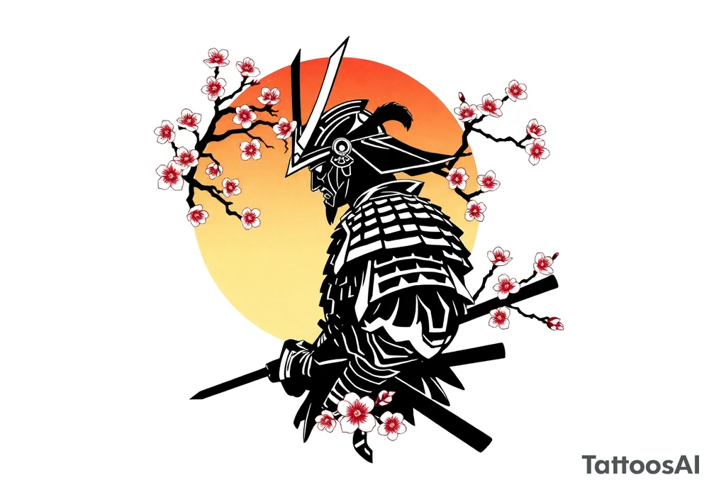 noble samurai warrior silhouette at sunset with cherry blossoms tattoo idea