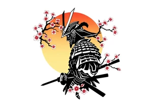 noble samurai warrior silhouette at sunset with cherry blossoms tattoo idea