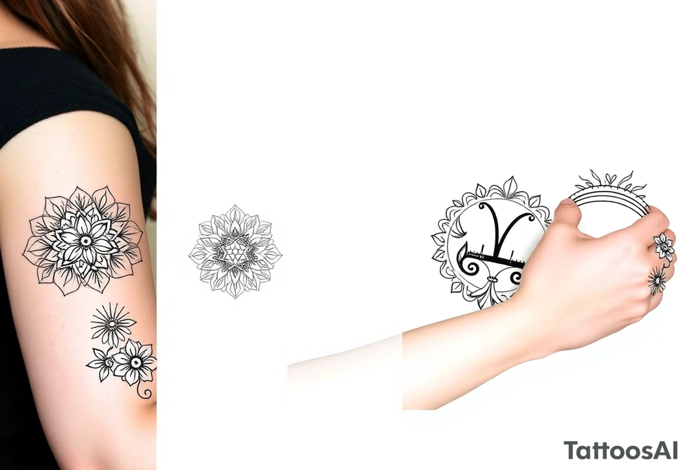 5 Geometric floral circles connected to reflect family unity. Two base elements for my husband and I, intertwined floral patterns like mirrored vines or spiral paisleys representing our identical twins, and a Gemini zodiac sign for my son. Use feminine-yet-bold linework and Interconnected elements tattoo idea