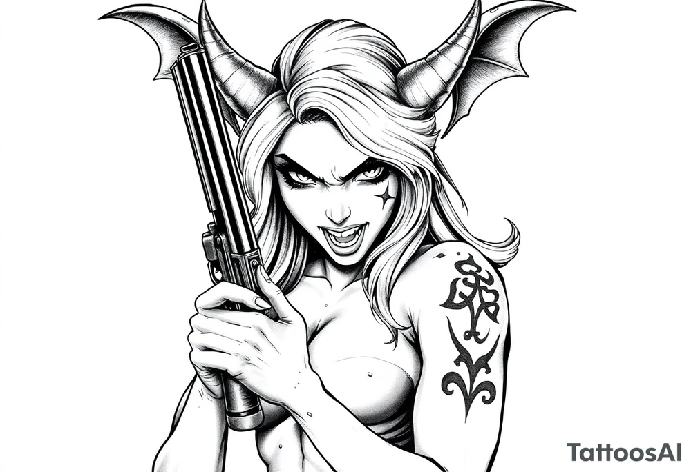 angry succubus holding gun, anime tattoo idea
