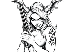 angry succubus holding gun, anime tattoo idea