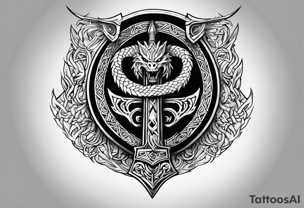Valhalla sword shield dragon axe Valknut tribal tattoo idea Valhalla sword shield dragon axe Valknut tribal tattoo idea