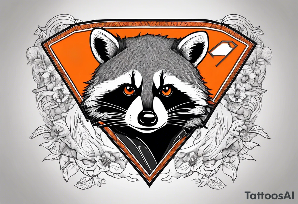 Raccoon wearing an orange Superman hoodie tattoo idea