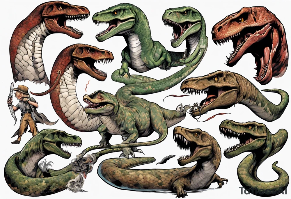 Huge prehistoric snake fighting a T rex tattoo idea
