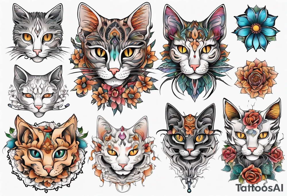 Cat colored flowers Mandala tattoo idea