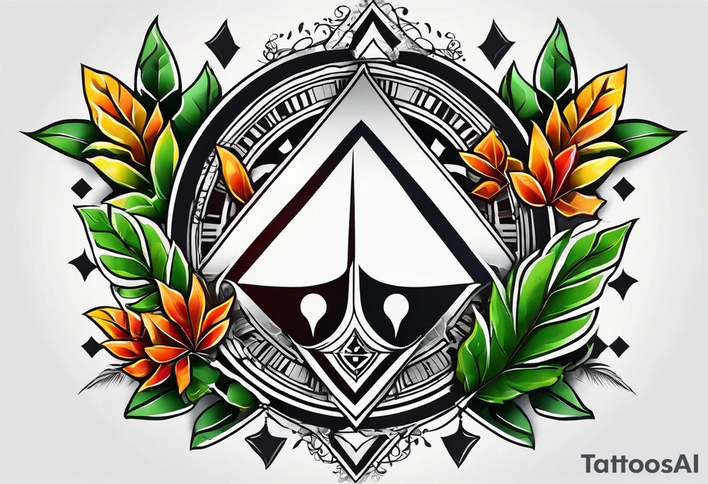 Geometric pattern with trident and leaves and chequered flag tattoo idea