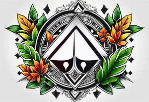 Geometric pattern with trident and leaves and chequered flag tattoo idea