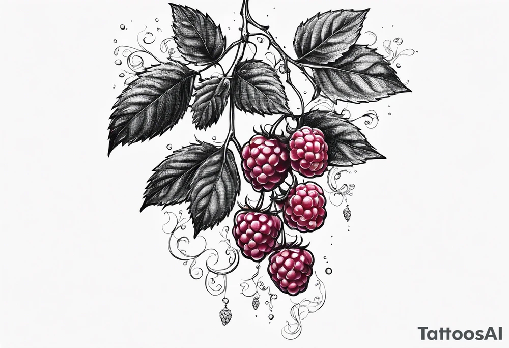 a long raspberry branch that is hanging upside down with small raspberries on it tattoo idea