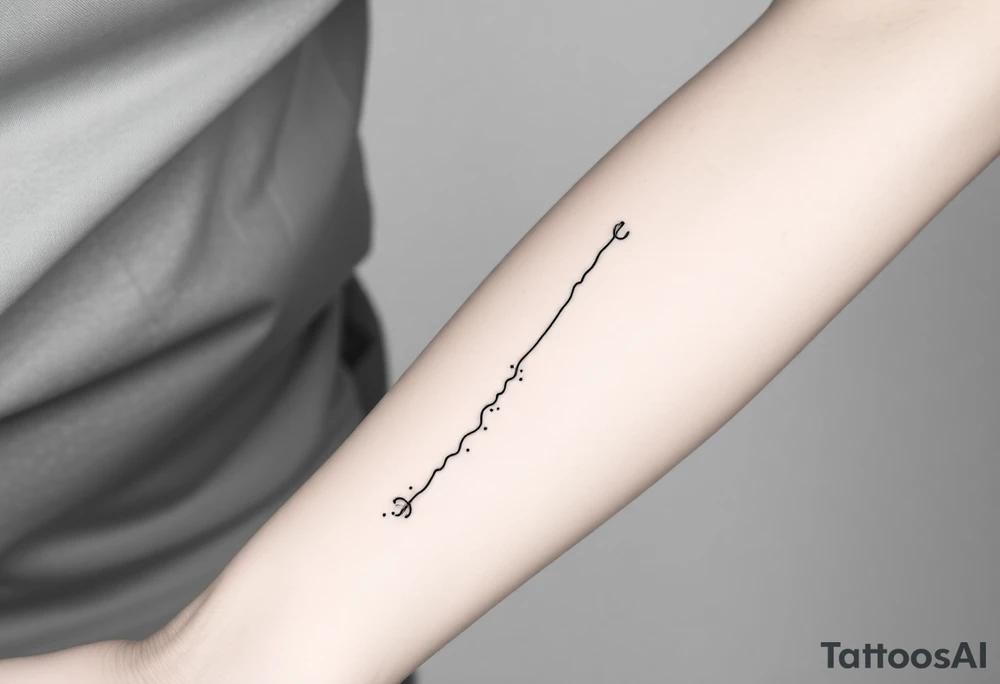 black-ink forearm tattoo honoring a father and the continuation of his legacy. Central design: a single, rising abstract line or path starting faint and fragmented at the bottom (symbolizing the father’s unfinished work) and growing solid and strong as it rises (representing the son carrying the legacy forward). Along the path, include fine particle-like lines or dots flowing upward, symbolizing the father’s presence and guidance cheering the son on. Subtly integrate an abstract outline of the father’s figure or hand at the top, ethereal and minimal, watching proudly over the path. Include the Roman numerals or small elegant text: “VI·IV·MMXXIII” to mark April 6, 2023, and optionally the phrase “Building what he couldn’t” integrated along the line. Style: clean, minimalistic, fine-line black ink only, simple but meaningful, vertical forearm layout, emphasizing legacy, guidance, and emotional depth. tattoo idea