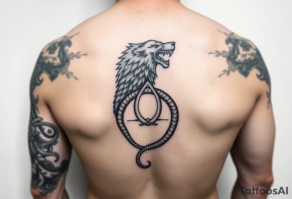 Wolf 🐺: strength, loyalty, family, and freedom

Ouroboros 🐍: signifies the perpetual cycle of creation and destruction, life and death, and the unity of opposites.

Triskelion: Cycles of life
Sleeve for men tattoo idea