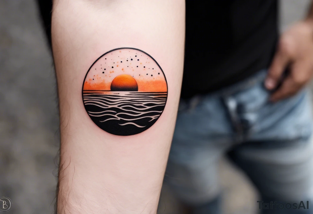 This is an extremely simple and minimalistic tattoo on male forearm. It is black and white with minuscule splashes of orange from the sun. The tattoo 4 inches wide by 2 inches tall. It is NOT a circle. From the perspective of being on the ocean, Water is calm, with no waves in sight, the sun is setting behind the ocean, reflecting light onto the water. The water has shading. tattoo idea