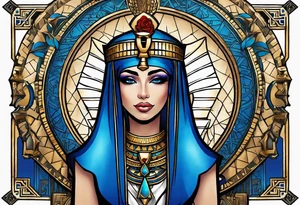 Isis Goddess Tattoo  frame blue roses, ankh , background egypt pyramid tattoo idea