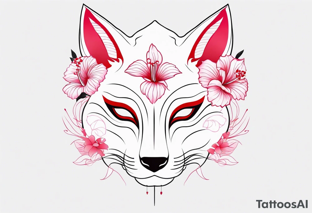 White japanese mask that looks like a kitsune with red accents and pink hibiscus flowers tattoo idea