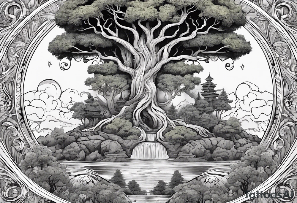 The deity Pan is surrounded by a asymmetric tree, which represents a portal to another world tattoo idea